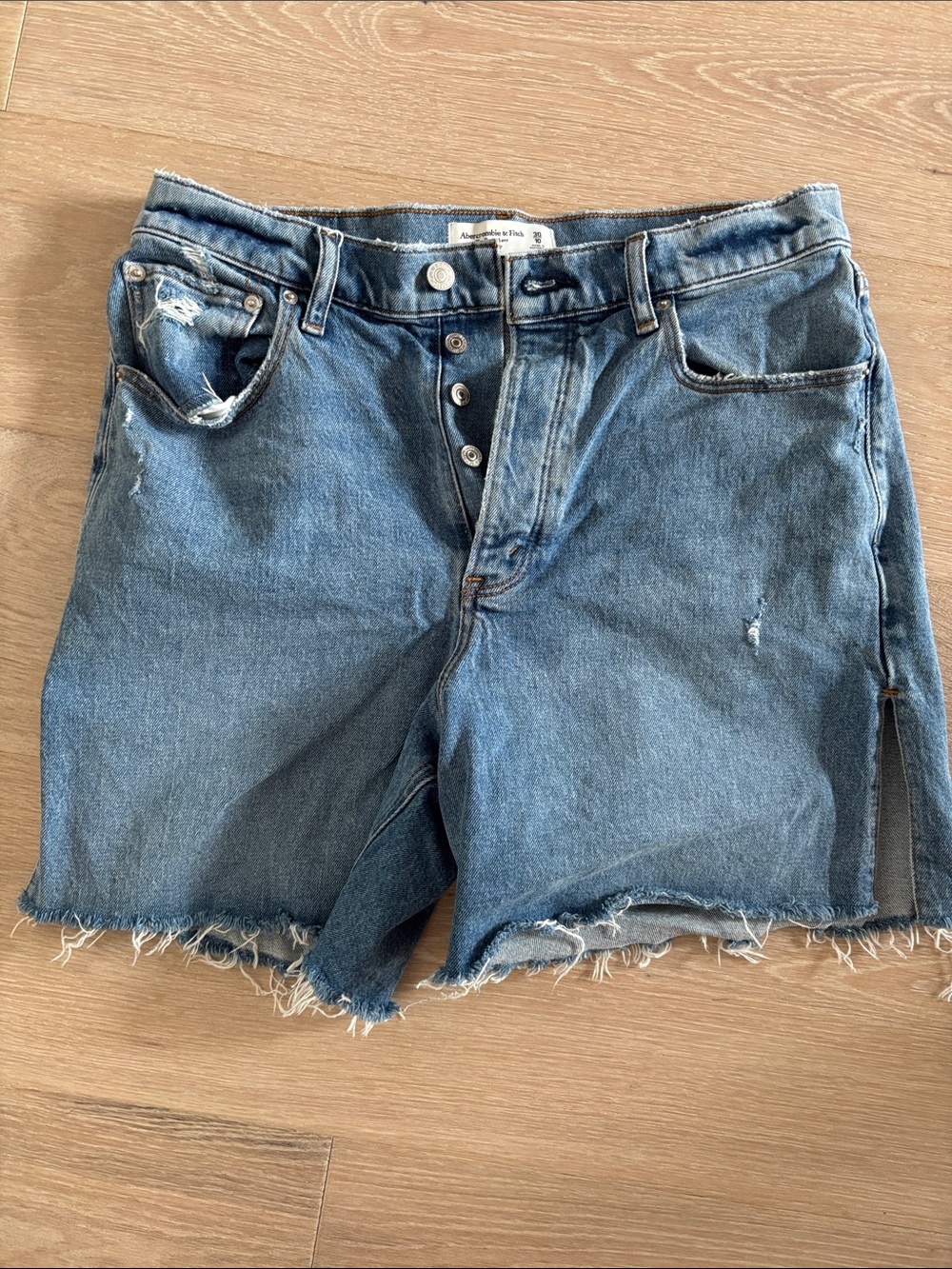Abercrombie & Fitch High Rise Dad Button-Fly Distressed Denim Shorts - Blue
